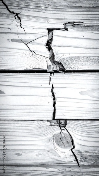 Obraz A close-up shows severe cracking in wood grain, presented in high-contrast monochrome