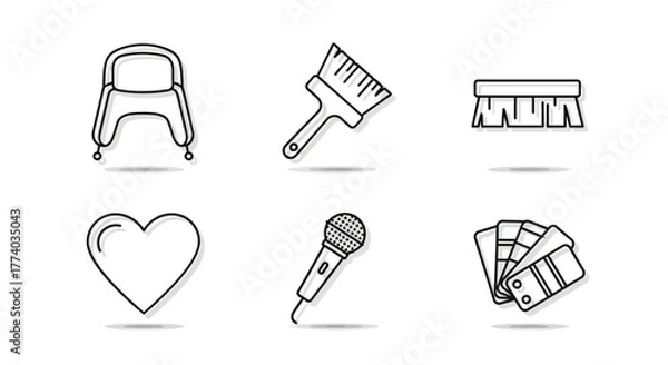Fototapeta Outline icons of furniture, tools, and entertainment on white background