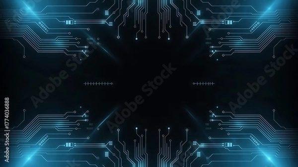 Obraz Circuit blue board texture on black technology web banner background. AI chip innovation concept. Tech pattern on a futuristic backdrop.