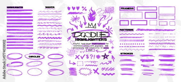 Fototapeta Doodle Highlighters and Scribble Elements Set. Playful hand-drawn scribbles, arrows, underlines, highlighter strokes and shapes in purple for notes. School board notes. Vector graphic set