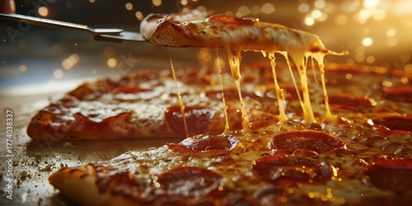 Fototapeta Stunning pepperoni pizza with gooey cheese stretch