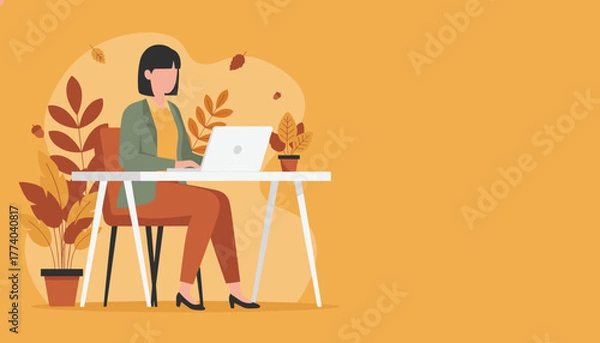 Fototapeta Woman working on laptop surrounded by fall plants on orange background Productivity concept