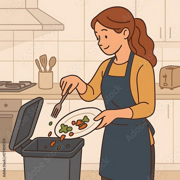 Fototapeta Woman scraping leftover food from plate into trash bin in kitchen Vector Illustration