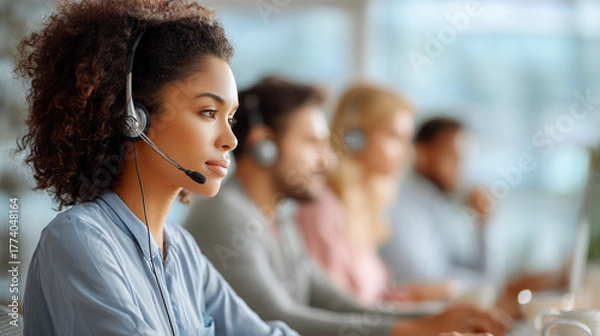 Fototapeta Woman working in call center, support, at modern office. Portrait of businesswoman with headset at her desk. Blurred background of colleagues. Business concept.