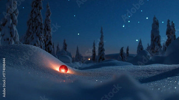 Fototapeta In a peaceful winter scene, a bright red Christmas ornament rests gently on fresh, sparkling snow. Tall evergreen trees surround it, adding to the enchanting holiday atmosphere under a starry night