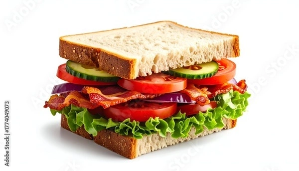 Obraz A fresh, loaded sandwich on white bread with various vegetables and crispy bacon, isolated