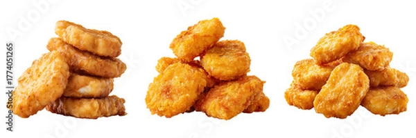 Obraz Set of A neatly stacked pile of golden fried chicken nuggets on transparent png background. Ai generated
