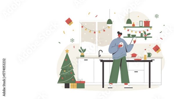 Obraz Festive kitchen setting person uses phone for holiday planning cooking or shopping