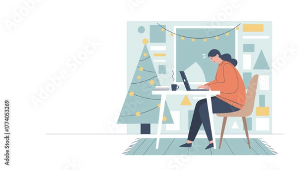 Obraz Stressed woman working on a laptop in a festive home office decorated with a Christmas tree