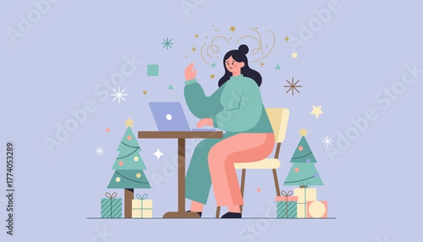 Obraz Woman stressed working on laptop during the holidays dealing with burnout and pressure