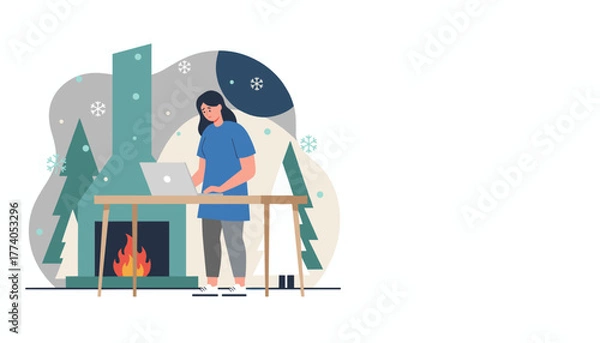 Obraz Stressed woman works remotely on laptop by a cozy fireplace during winter Work from home concept