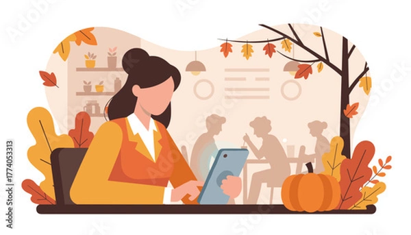 Obraz Businesswoman working on a phone in an autumnthemed cafe blending technology and seasonal charm