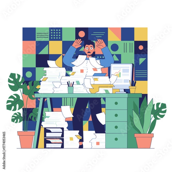 Fototapeta Overwhelmed employee buried under piles of documents illustrates work overload stress and bureaucracy