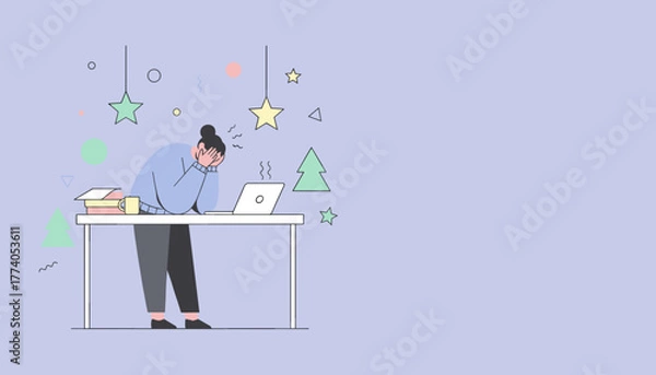 Fototapeta Overwhelmed employee working late during the holidays experiencing stress and burnout