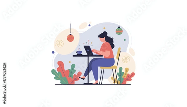 Fototapeta Digital nomad works on laptop at a cafe table with coffee and subtle holiday decoration