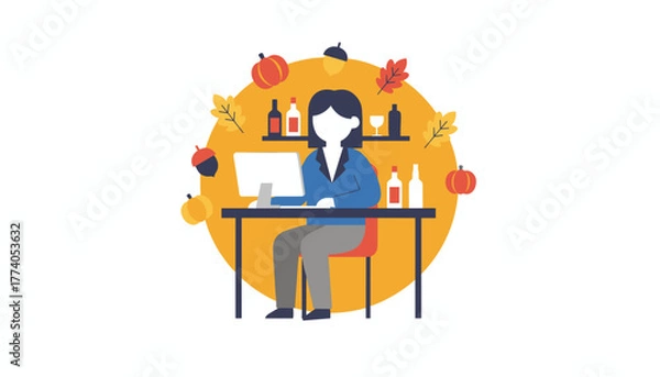 Fototapeta Business person working on a computer surrounded by autumn decor and wine bottles