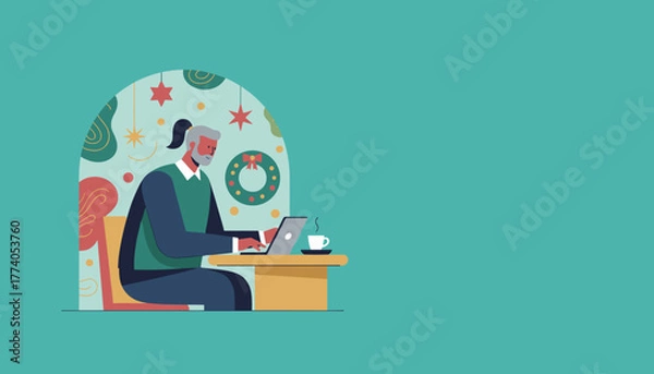 Fototapeta Senior working on laptop during holidays with coffee Remote work concept