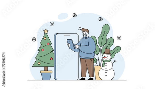 Fototapeta Stressed man crying while using a tablet during the Christmas holiday highlighting loneliness and seasonal depression