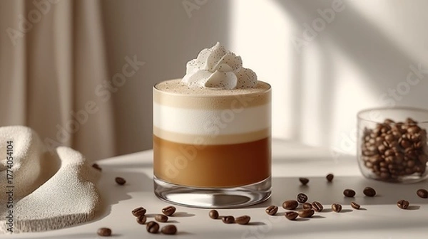 Fototapeta Layered coffee drink topped with cream, with coffee beans scattered around