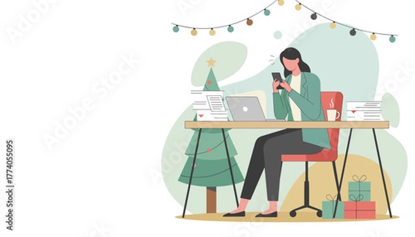 Obraz Businesswoman busy working during the holidays checking phone at a festive office desk