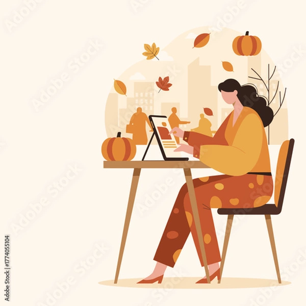 Obraz Woman uses tablet for work during autumn season in the city surrounded by pumpkins and fall leaves