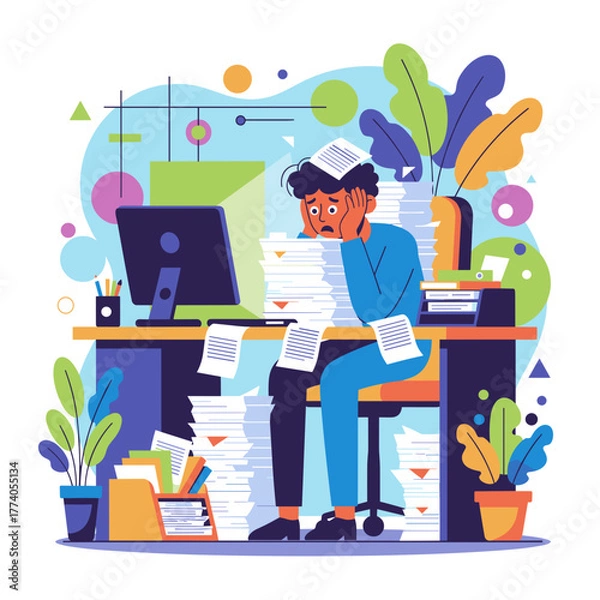 Obraz Burnout Frustrated worker drowning in paperwork and excessive office workload