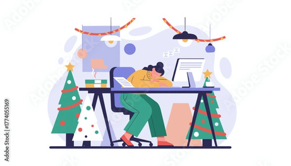Obraz Exhausted employee asleep at her desk in a Christmasdecorated office Holiday burnout