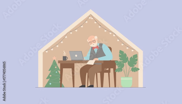 Fototapeta Senior man working on laptop in cozy home office decorated for holidays Remote work concept