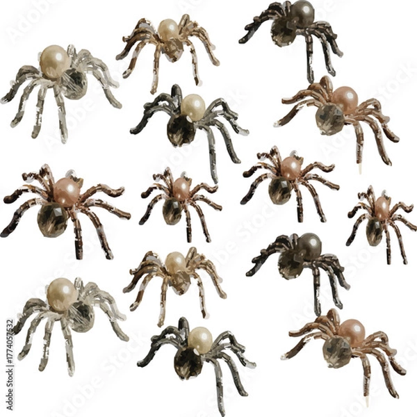 Obraz Group of Realistic Toy Spiders on White Background.