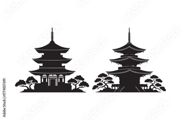 Fototapeta Two silhouetted japanese pagodas with pine trees