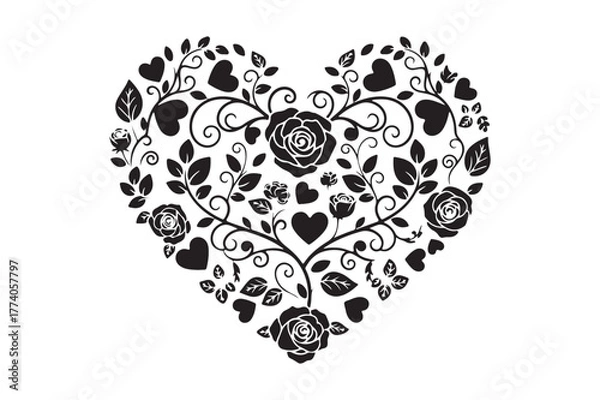 Fototapeta Intricate black floral heart design with roses and leaves