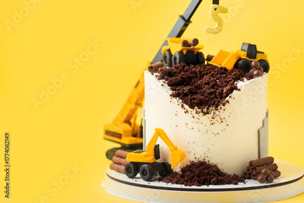 Fototapeta Birthday cake for five year old kid, decorated with construction vehicles. Heavy car themed homemade cake for toddler boy birthday celebration with toy excavators and crane on the yellow background.
