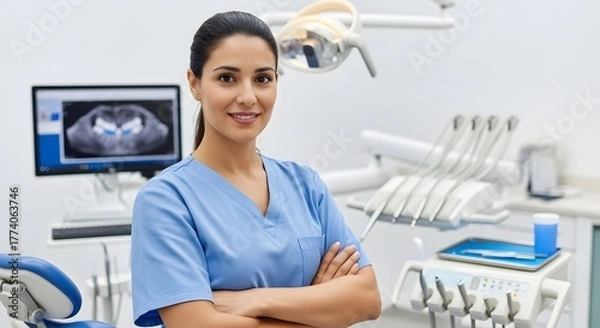 Obraz A smiling dentist in scrubs with arms crossed in a dental office with x ray on the monitor behind her