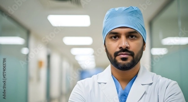 Fototapeta Portrait of a doctor in scrubs and lab coat standing in a hospital hallway looking at the camera