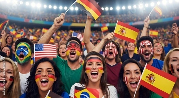 Obraz Crowd of people cheering with flags and face paint at a sporting event in a brightly lit stadium