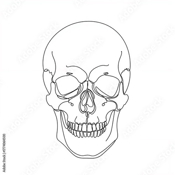 Obraz Continuous line art drawing of a human skull facing front in black and white for anatomy and horror [with copy space]
