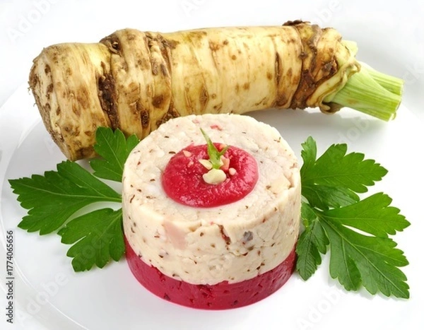 Fototapeta A horseradish root sits with a pink-layered dish with parsley on a white plate
