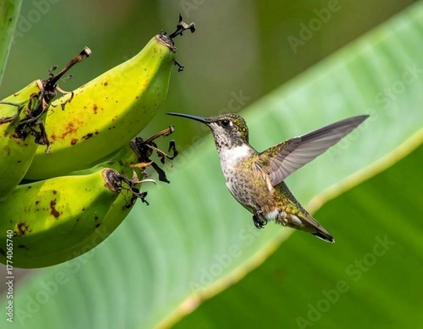 Fototapeta A hovering hummingbird looks at a bunch of unripe bananas on a large green plant