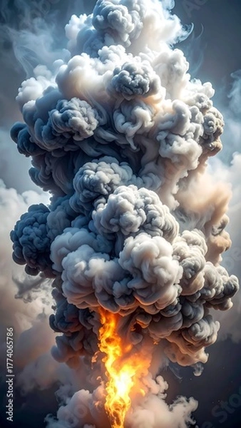 Obraz A huge plume of dark grey smoke rises from a bright orange/yellow flame center