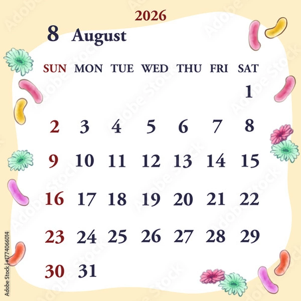 Obraz 2026年8月のカレンダー　日曜日始まり