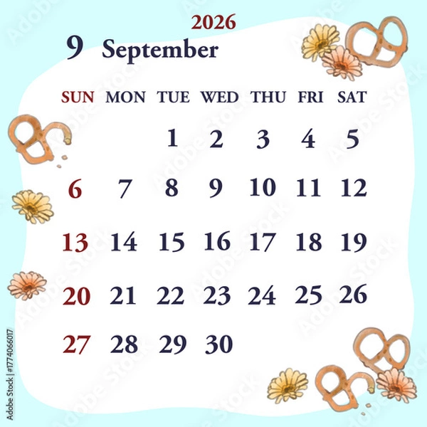 Obraz 2026年9月のカレンダー　日曜日始まり