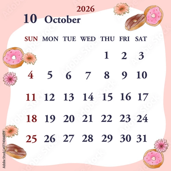 Obraz 2026年10月のカレンダー　日曜日始まり