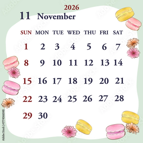 Obraz 2026年11月のカレンダー　日曜日始まり