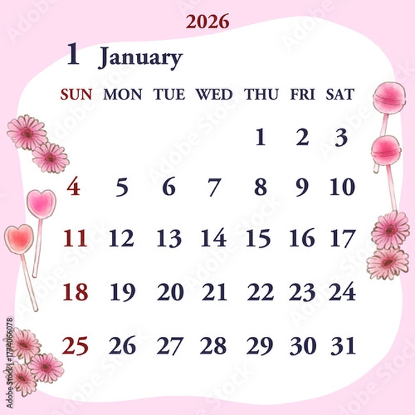Obraz 2026年1月のカレンダー　日曜日始まり
