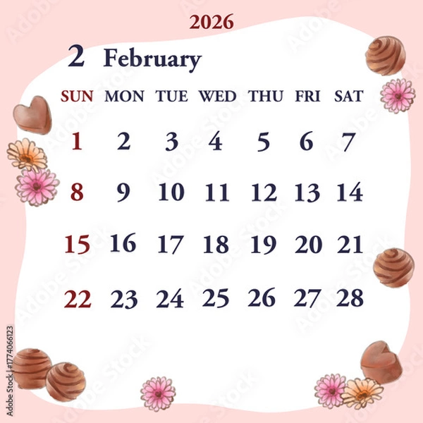 Obraz 2026年2月のカレンダー　日曜日始まり