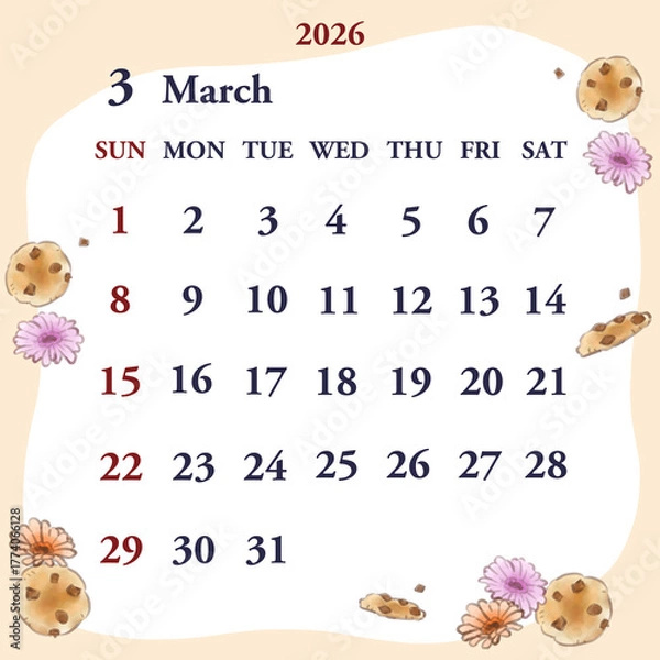 Obraz 2026年3月のカレンダー　日曜日始まり