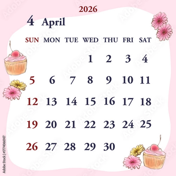 Obraz 2026年4月のカレンダー　日曜日始まり