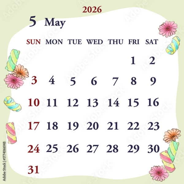 Obraz 2026年5月のカレンダー　日曜日始まり