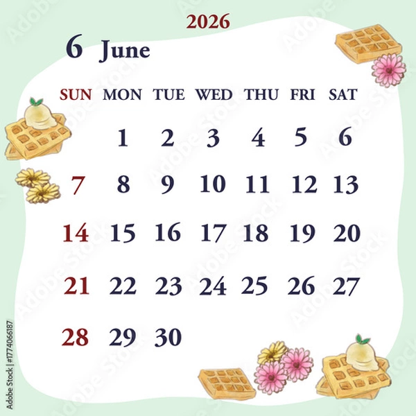 Obraz 2026年6月のカレンダー　日曜日始まり