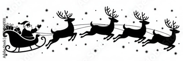 Fototapeta Santa Claus in his sleigh pulled by reindeer a black and white vector illustration for Christmas designs and holiday projects